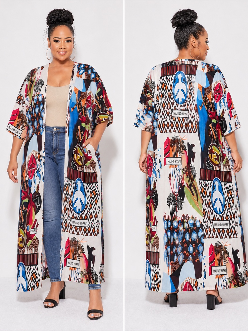 Colorful African Print Maxi Kimono Duster Open Front Boho One Size